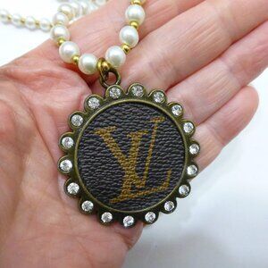 Upcycled Louis Vuitton pendant LV crystal rhinestone glass faux pearls necklace